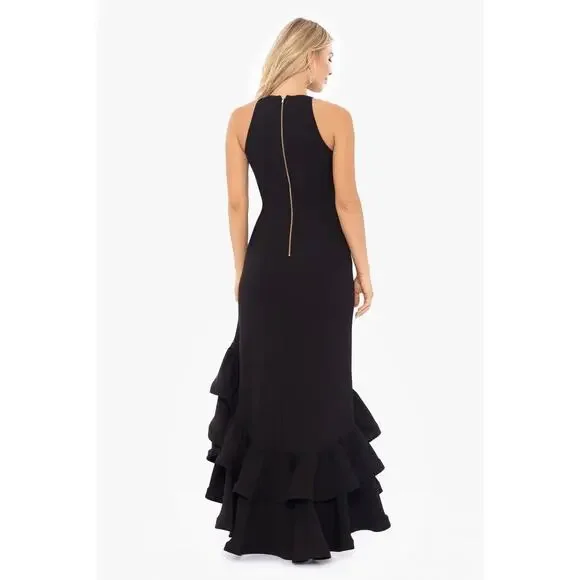 Betsy & Adam Arielle Scuba Crepe Ruffle Slit Asymmetrical Maxi Gown Black Size 8 - Picture 2 of 12